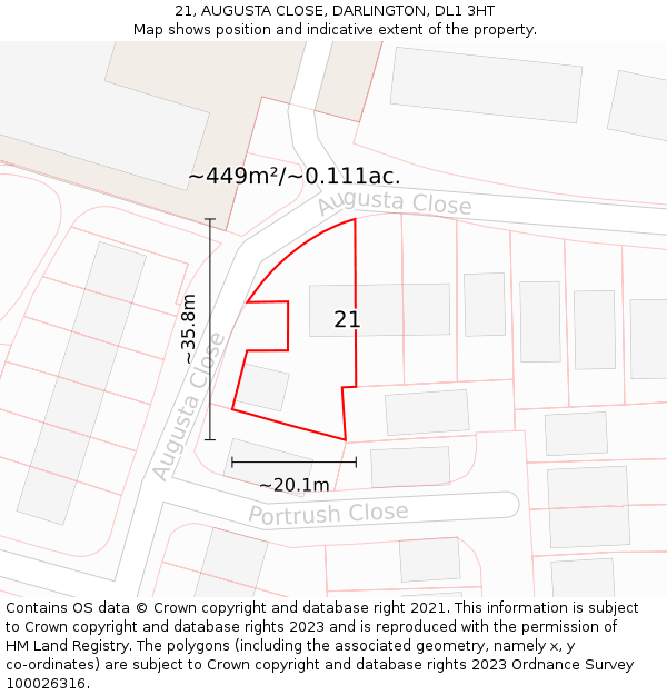 21, AUGUSTA CLOSE, DARLINGTON, DL1 3HT: Plot and title map