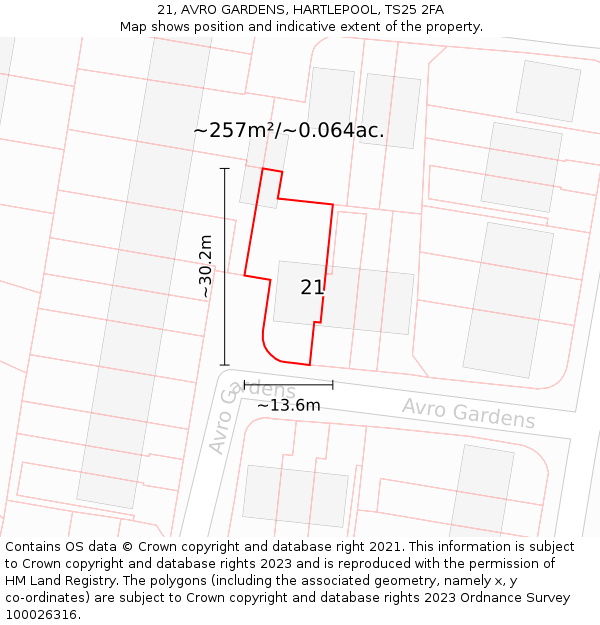 21, AVRO GARDENS, HARTLEPOOL, TS25 2FA: Plot and title map