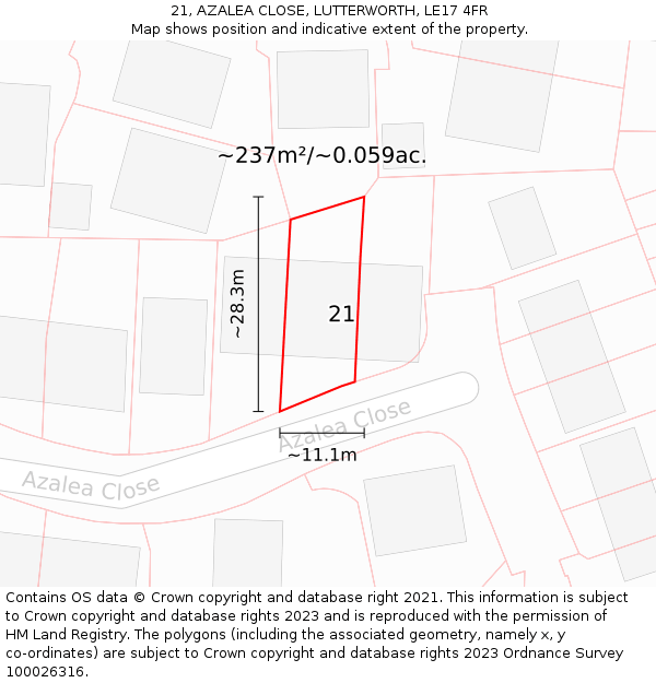 21, AZALEA CLOSE, LUTTERWORTH, LE17 4FR: Plot and title map