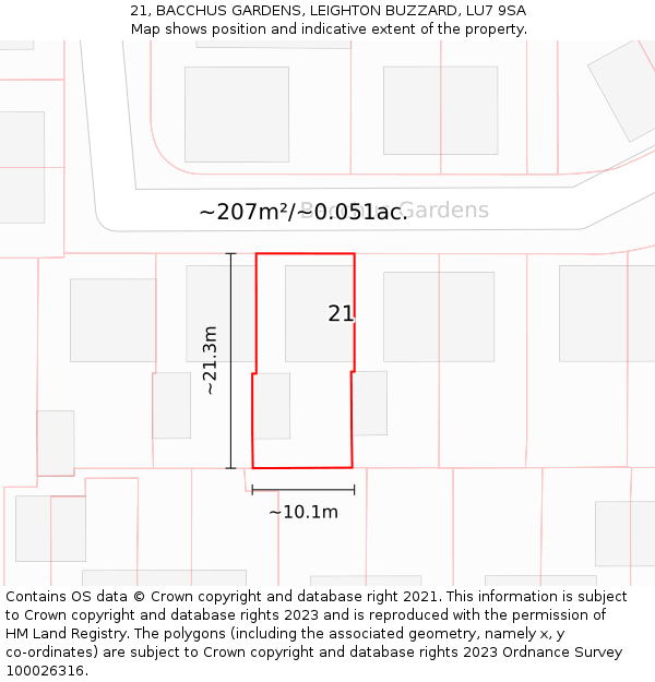 21, BACCHUS GARDENS, LEIGHTON BUZZARD, LU7 9SA: Plot and title map