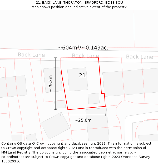 21, BACK LANE, THORNTON, BRADFORD, BD13 3QU: Plot and title map