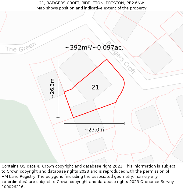 21, BADGERS CROFT, RIBBLETON, PRESTON, PR2 6NW: Plot and title map