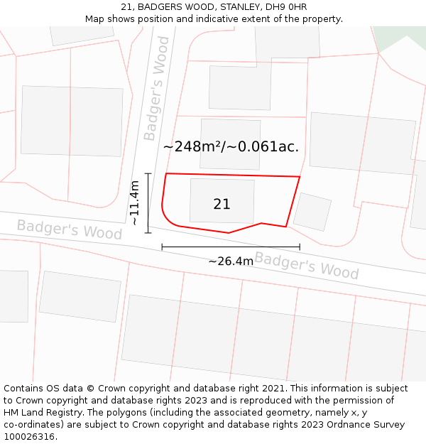 21, BADGERS WOOD, STANLEY, DH9 0HR: Plot and title map