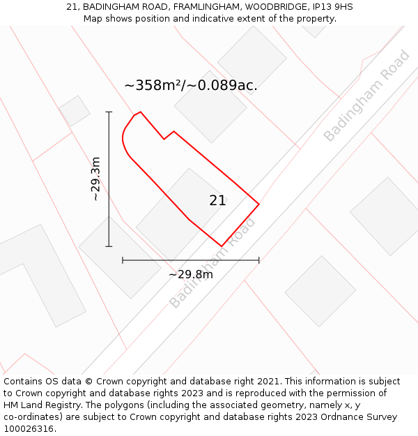21, BADINGHAM ROAD, FRAMLINGHAM, WOODBRIDGE, IP13 9HS: Plot and title map