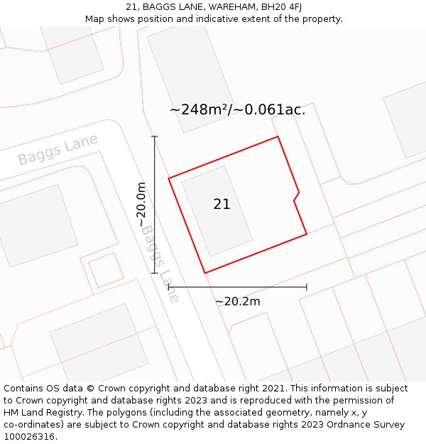 21, BAGGS LANE, WAREHAM, BH20 4FJ: Plot and title map