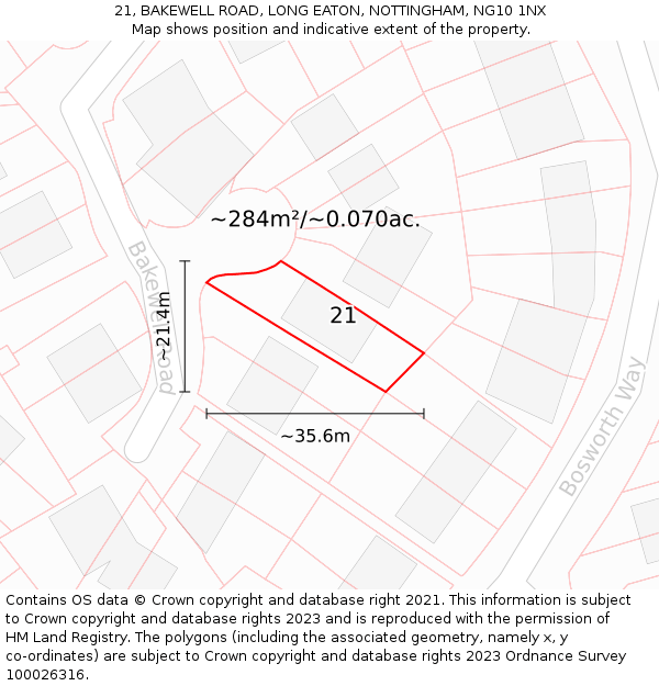 21, BAKEWELL ROAD, LONG EATON, NOTTINGHAM, NG10 1NX: Plot and title map