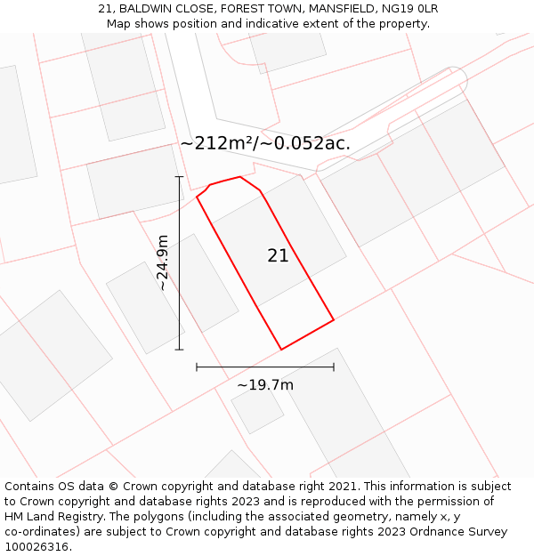21, BALDWIN CLOSE, FOREST TOWN, MANSFIELD, NG19 0LR: Plot and title map