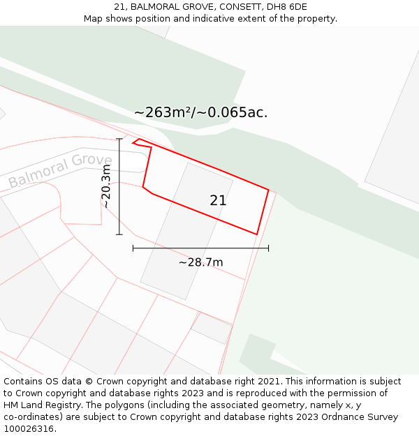 21, BALMORAL GROVE, CONSETT, DH8 6DE: Plot and title map