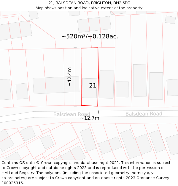 21, BALSDEAN ROAD, BRIGHTON, BN2 6PG: Plot and title map