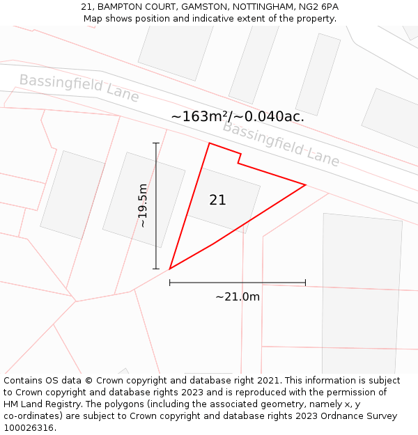 21, BAMPTON COURT, GAMSTON, NOTTINGHAM, NG2 6PA: Plot and title map