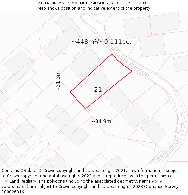 21, BANKLANDS AVENUE, SILSDEN, KEIGHLEY, BD20 0JL: Plot and title map