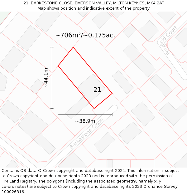 21, BARKESTONE CLOSE, EMERSON VALLEY, MILTON KEYNES, MK4 2AT: Plot and title map