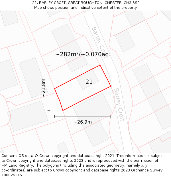 21, BARLEY CROFT, GREAT BOUGHTON, CHESTER, CH3 5SP: Plot and title map