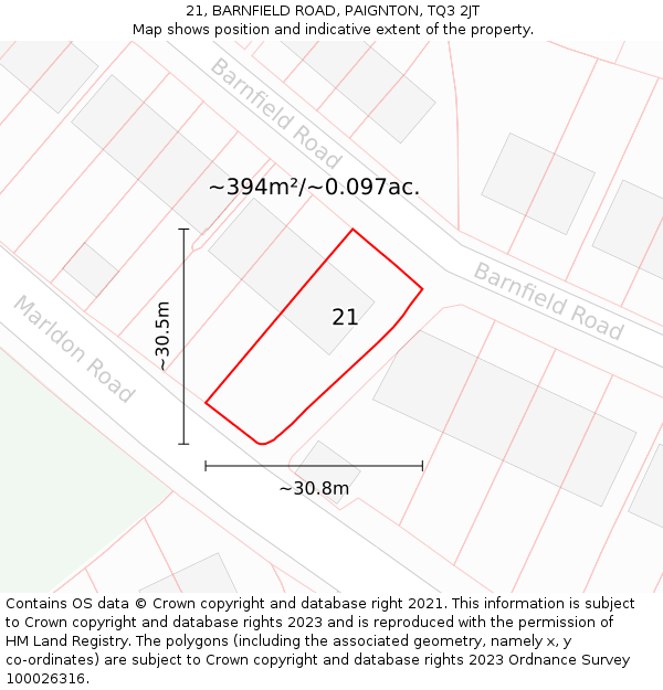 21, BARNFIELD ROAD, PAIGNTON, TQ3 2JT: Plot and title map