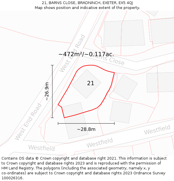 21, BARNS CLOSE, BRADNINCH, EXETER, EX5 4QJ: Plot and title map