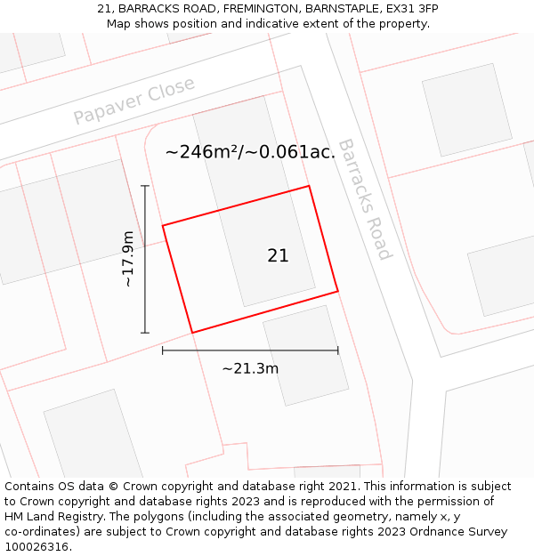 21, BARRACKS ROAD, FREMINGTON, BARNSTAPLE, EX31 3FP: Plot and title map