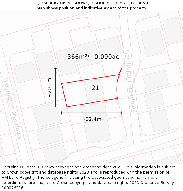 21, BARRINGTON MEADOWS, BISHOP AUCKLAND, DL14 6NT: Plot and title map