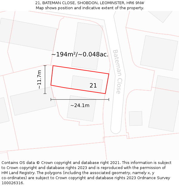 21, BATEMAN CLOSE, SHOBDON, LEOMINSTER, HR6 9NW: Plot and title map