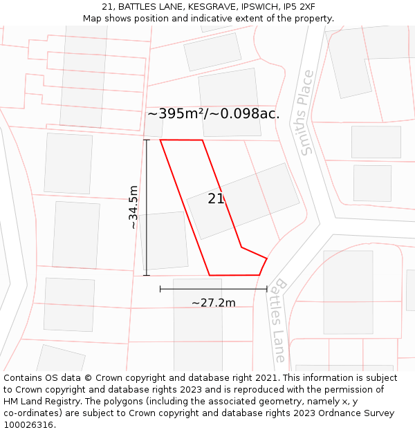 21, BATTLES LANE, KESGRAVE, IPSWICH, IP5 2XF: Plot and title map