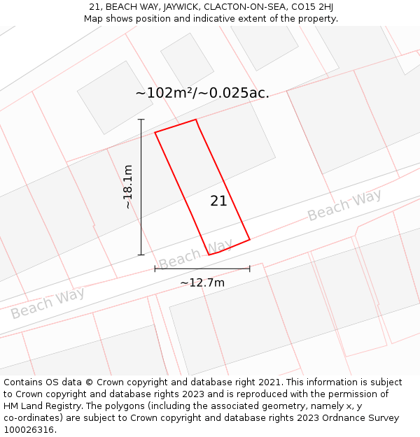 21, BEACH WAY, JAYWICK, CLACTON-ON-SEA, CO15 2HJ: Plot and title map
