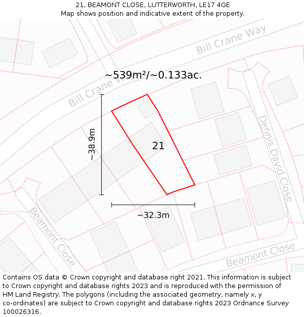 21, BEAMONT CLOSE, LUTTERWORTH, LE17 4GE: Plot and title map