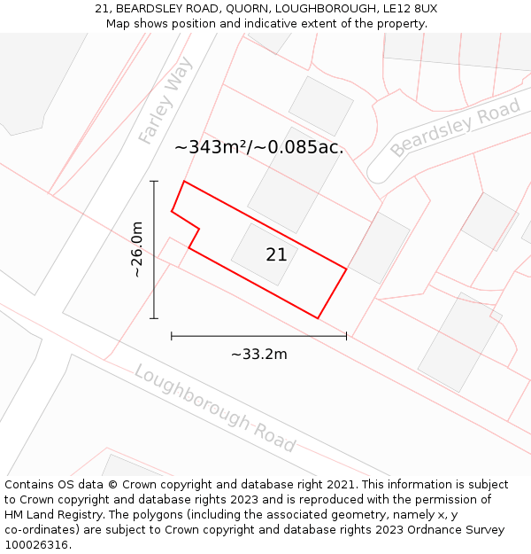 21, BEARDSLEY ROAD, QUORN, LOUGHBOROUGH, LE12 8UX: Plot and title map