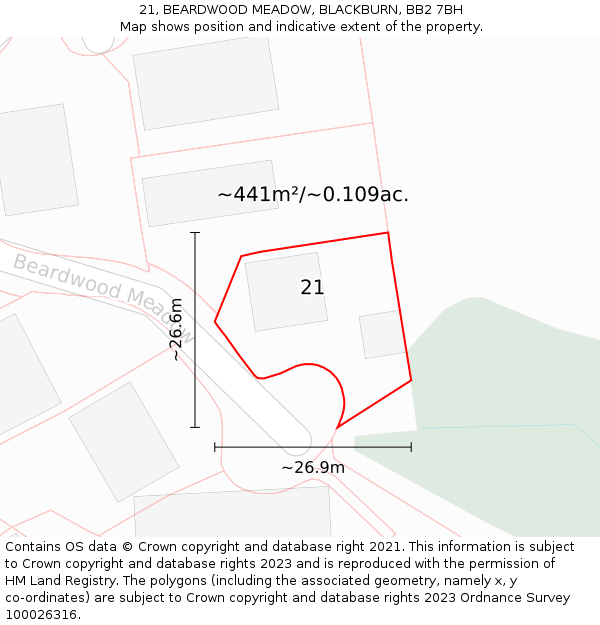 21, BEARDWOOD MEADOW, BLACKBURN, BB2 7BH: Plot and title map