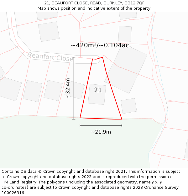 21, BEAUFORT CLOSE, READ, BURNLEY, BB12 7QF: Plot and title map