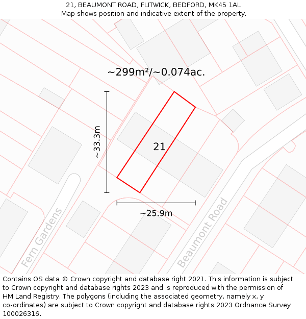 21, BEAUMONT ROAD, FLITWICK, BEDFORD, MK45 1AL: Plot and title map