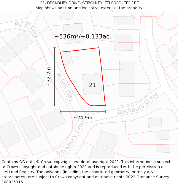 21, BECKBURY DRIVE, STIRCHLEY, TELFORD, TF3 1EE: Plot and title map