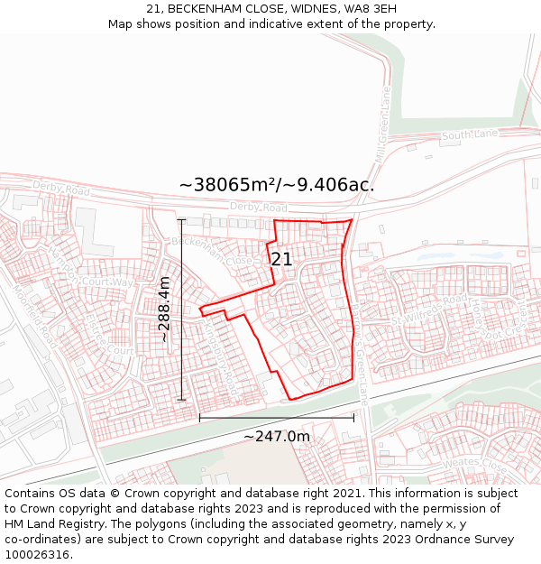 21, BECKENHAM CLOSE, WIDNES, WA8 3EH: Plot and title map
