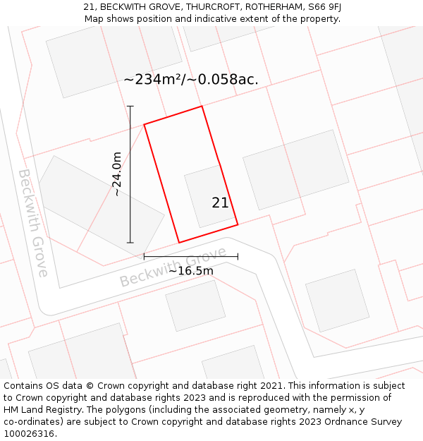 21, BECKWITH GROVE, THURCROFT, ROTHERHAM, S66 9FJ: Plot and title map