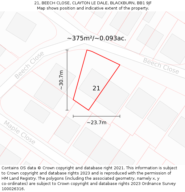 21, BEECH CLOSE, CLAYTON LE DALE, BLACKBURN, BB1 9JF: Plot and title map