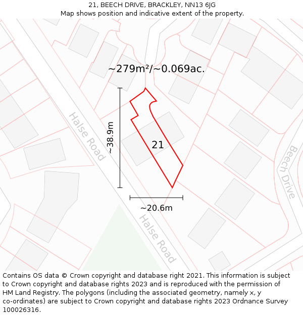21, BEECH DRIVE, BRACKLEY, NN13 6JG: Plot and title map