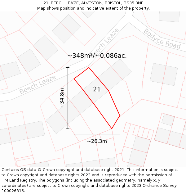 21, BEECH LEAZE, ALVESTON, BRISTOL, BS35 3NF: Plot and title map