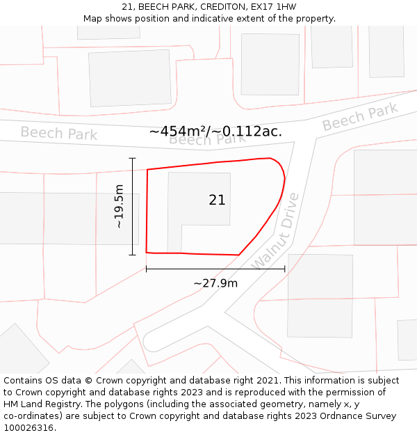 21, BEECH PARK, CREDITON, EX17 1HW: Plot and title map