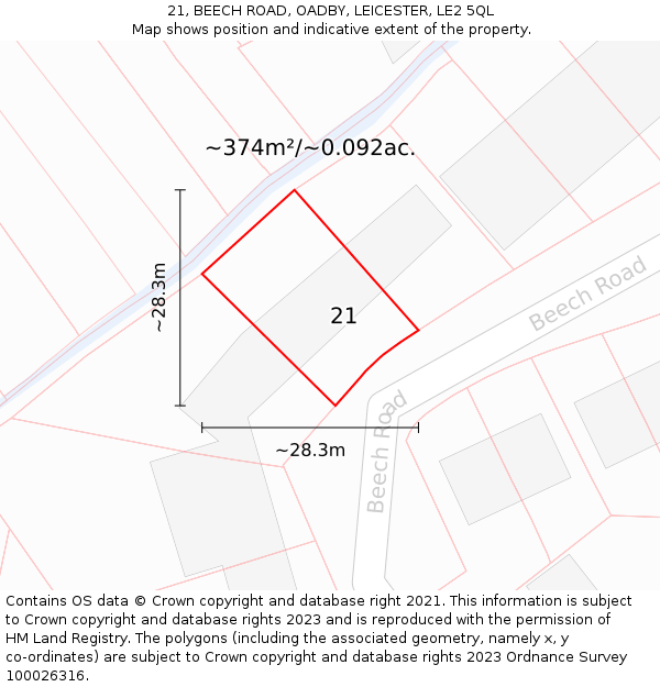 21, BEECH ROAD, OADBY, LEICESTER, LE2 5QL: Plot and title map