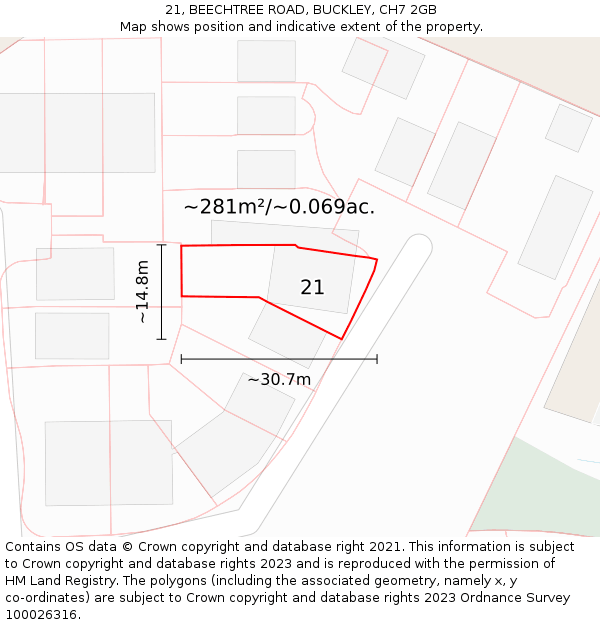 21, BEECHTREE ROAD, BUCKLEY, CH7 2GB: Plot and title map