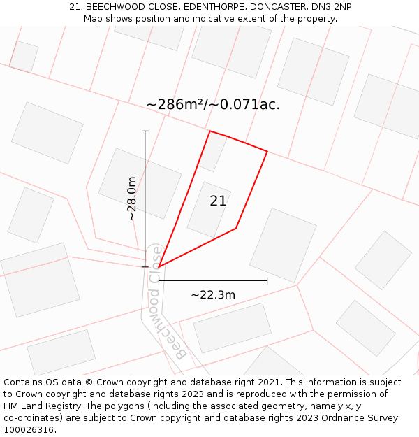 21, BEECHWOOD CLOSE, EDENTHORPE, DONCASTER, DN3 2NP: Plot and title map