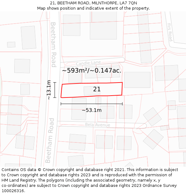 21, BEETHAM ROAD, MILNTHORPE, LA7 7QN: Plot and title map
