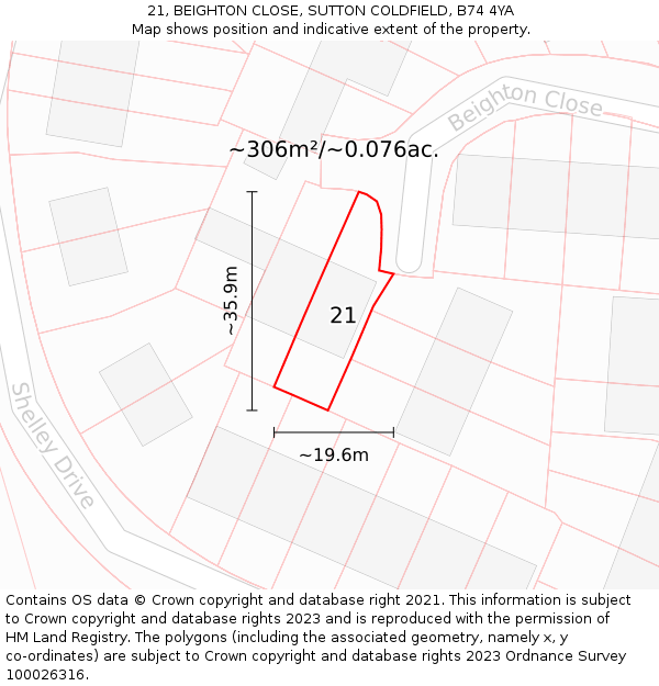 21, BEIGHTON CLOSE, SUTTON COLDFIELD, B74 4YA: Plot and title map