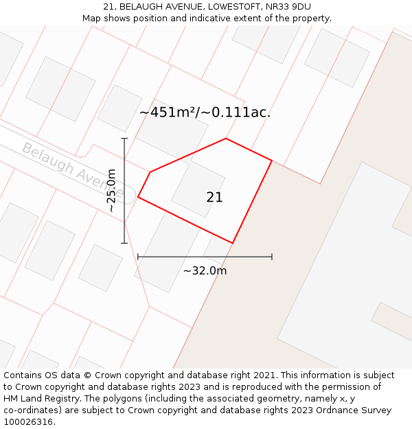 21, BELAUGH AVENUE, LOWESTOFT, NR33 9DU: Plot and title map