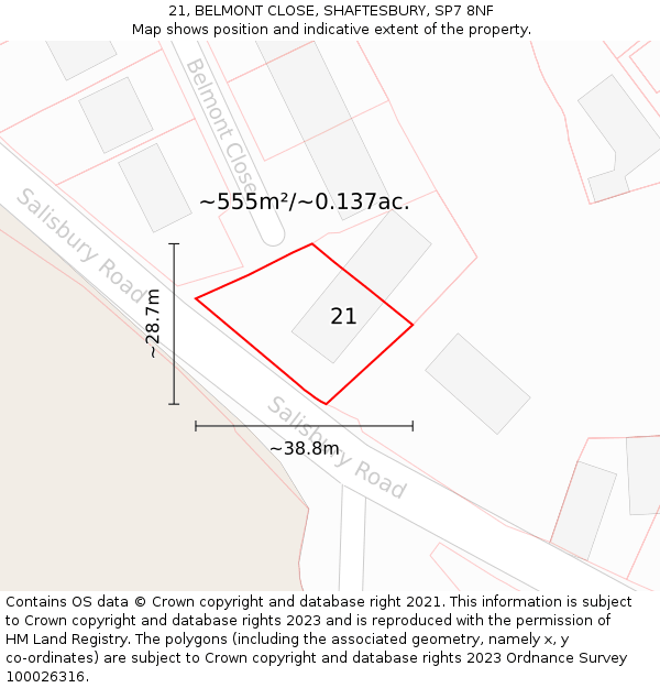 21, BELMONT CLOSE, SHAFTESBURY, SP7 8NF: Plot and title map