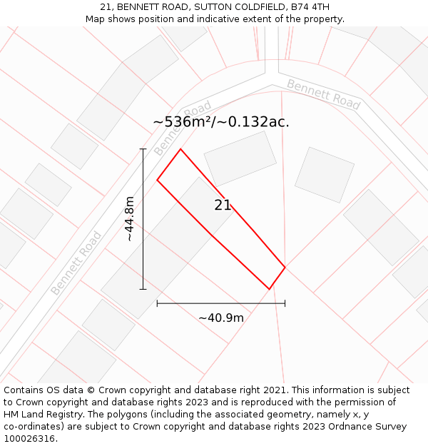 21, BENNETT ROAD, SUTTON COLDFIELD, B74 4TH: Plot and title map
