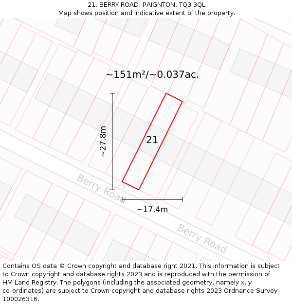 21, BERRY ROAD, PAIGNTON, TQ3 3QL: Plot and title map