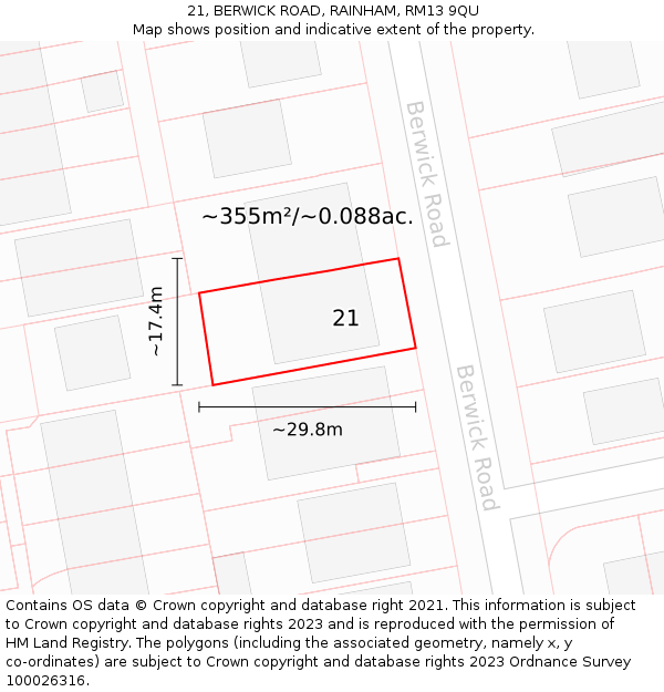 21, BERWICK ROAD, RAINHAM, RM13 9QU: Plot and title map