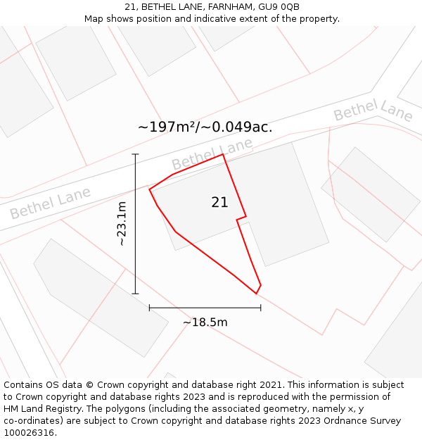 21, BETHEL LANE, FARNHAM, GU9 0QB: Plot and title map