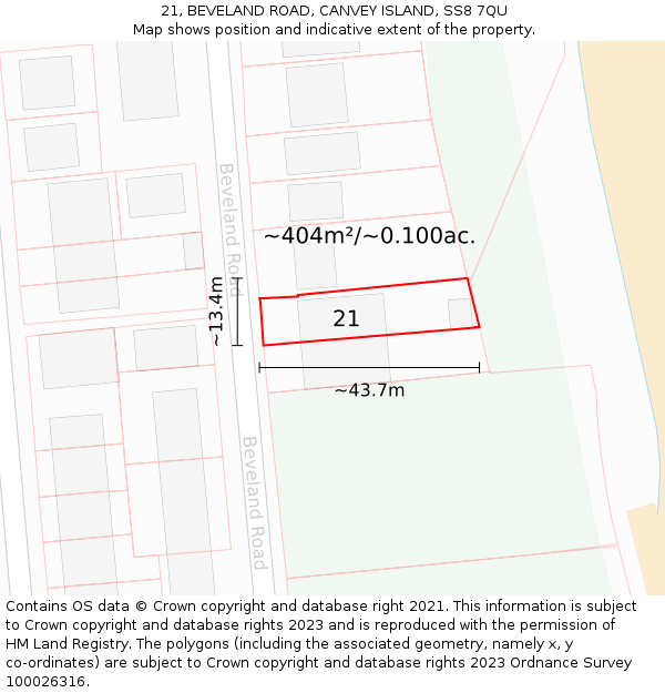 21, BEVELAND ROAD, CANVEY ISLAND, SS8 7QU: Plot and title map