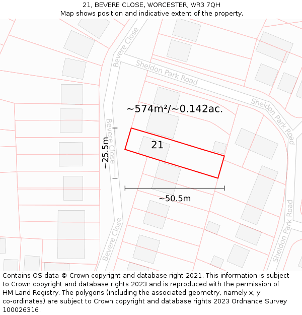21, BEVERE CLOSE, WORCESTER, WR3 7QH: Plot and title map