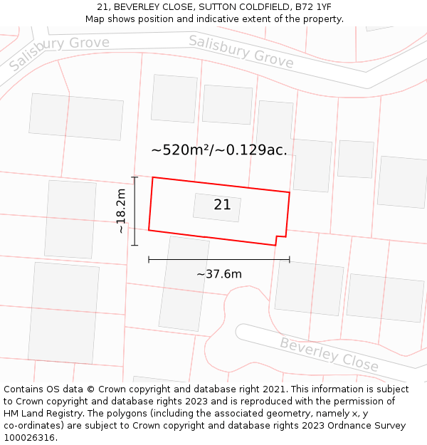 21, BEVERLEY CLOSE, SUTTON COLDFIELD, B72 1YF: Plot and title map